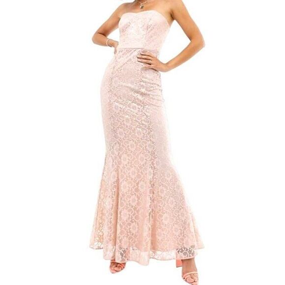 ASOS DESIGN light pink foil lace bandeau maxi dress 4 NEW - Picture 1 of 16